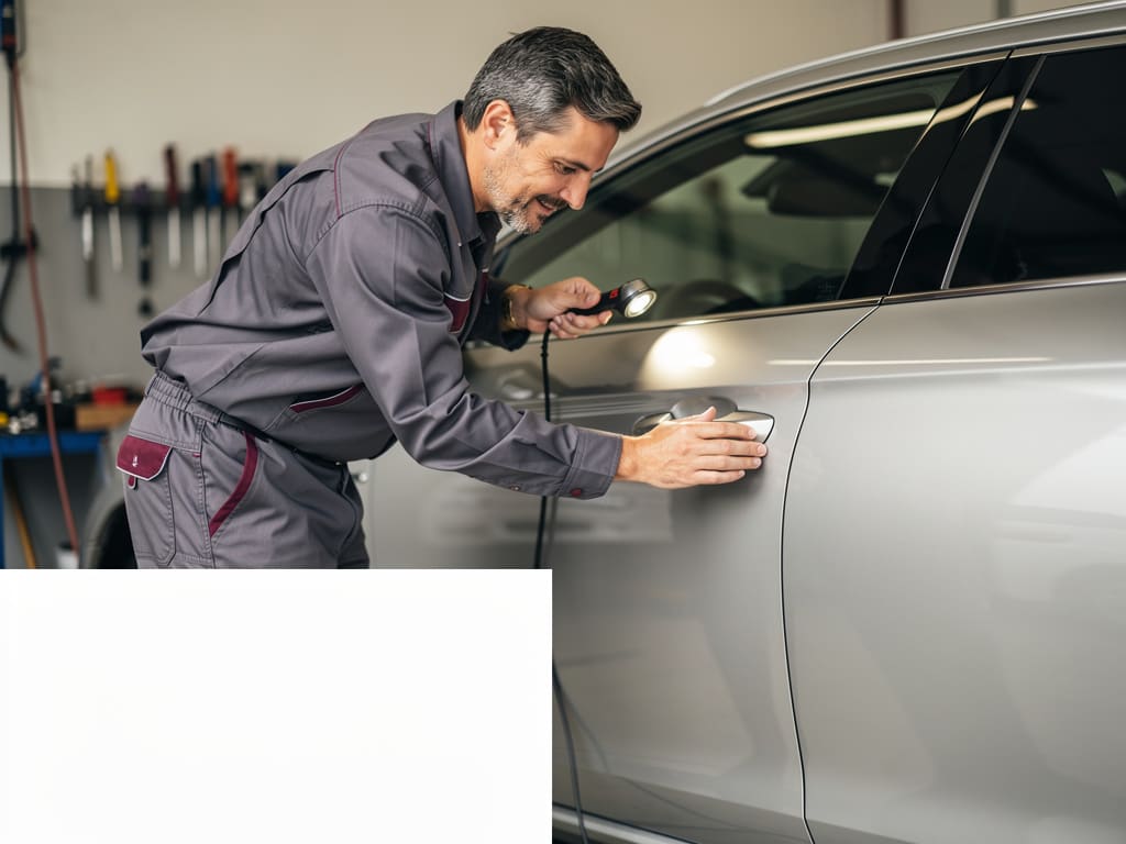 Tecnico che ispeziona un’ammaccatura sulla carrozzeria in officina